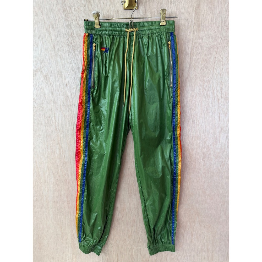 Aviator Nation Green Nylon Rainbow Stripe Track Pants Joggers XS Made in USA